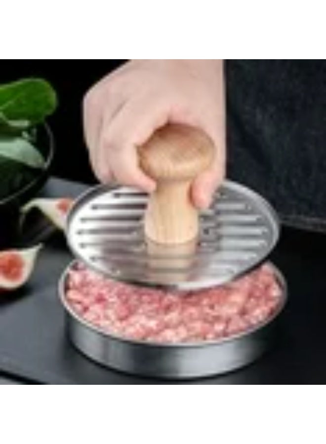 Round Hamburger Press Patty Maker - Non-Stick stainless steel Tool with Wooden Handle for Perfect Burgers - Image 5